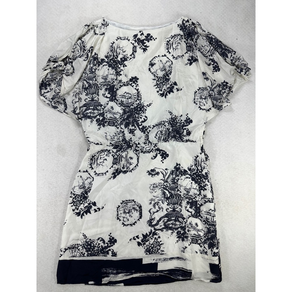 Hanii Y Silk Toile De Jouy Mini Dress White Black Side Button 40 IT 4 US